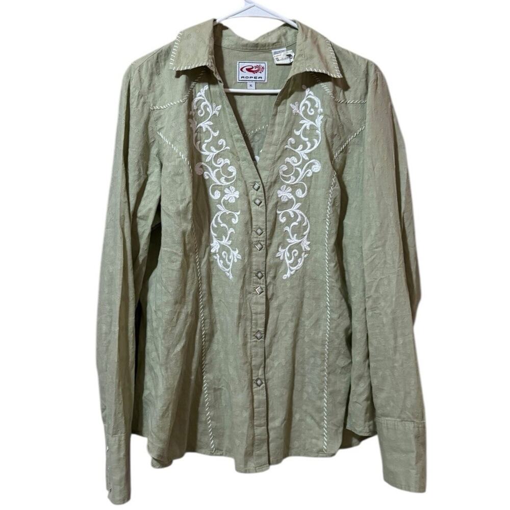 Roper Western Shirt Women Size XL Green Embroidered Pearl Snap Country Cowgirl